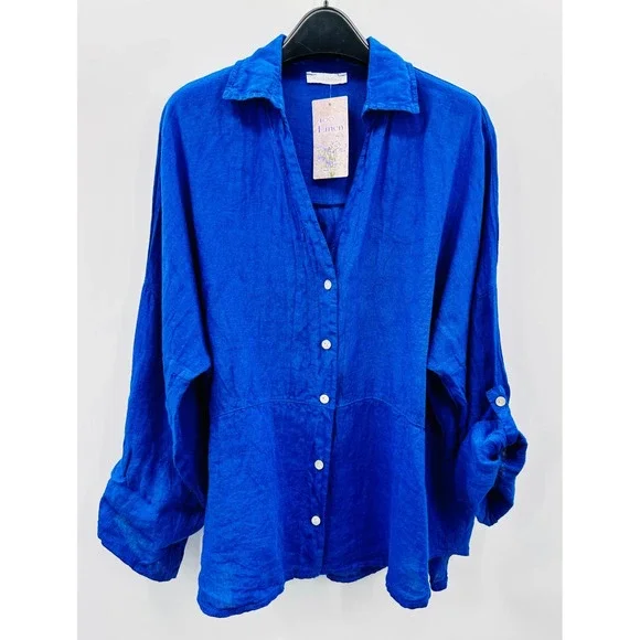 NWT Womens L 100% Linen Oversized Shirt Cobalt Blue Lagenlook Artsy Minimalist - Picture 1 of 14